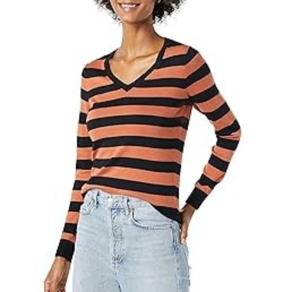 Amazon Essentials Long-Sleeve V-Neck Sweater - Black Orange Striped -‎ XL -NWT